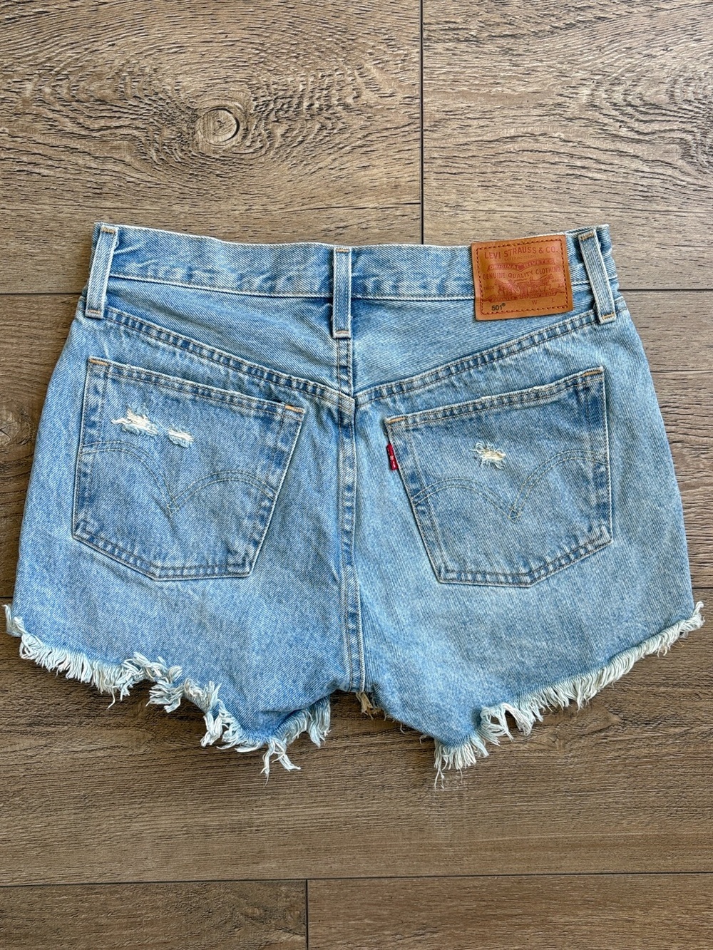 Levi's 501 Light Blue Distressed Denim High Waisted Cutoff Jean Shorts - Picture 2 of 5